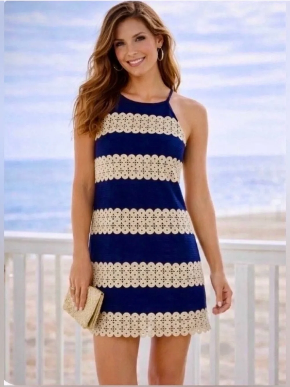 Lilly Pulitzer Navy and Cream Striped Crochet-Trim Halter Mini Dress